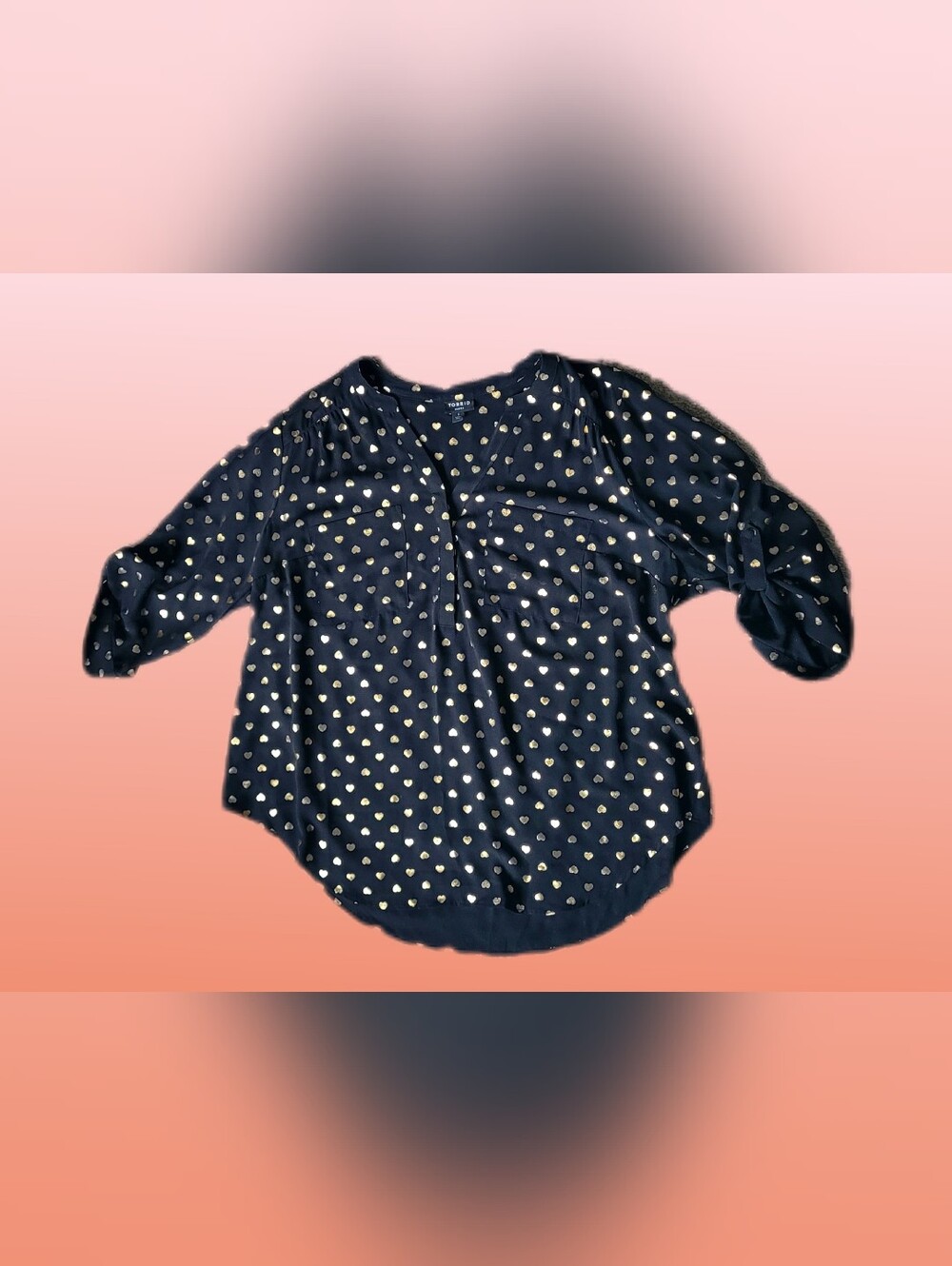 Torrid Black & Heart Print Blouse, Size 1x, Georgette 3/4 Sleeve, Polyester Top